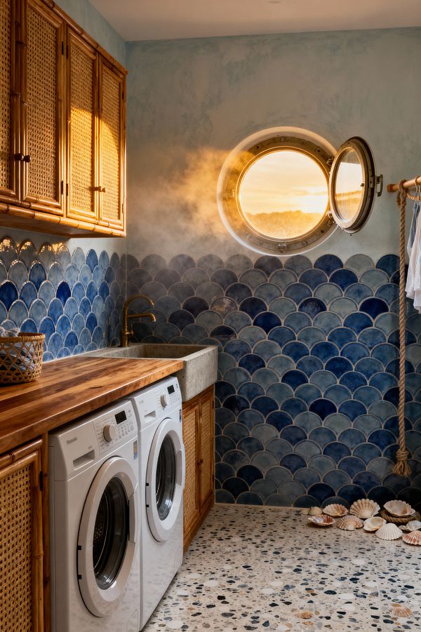 A compact coastal laundry features white front-loading washer and dryer under a warm wood butcher-block counter, with cane-front bamboo cabinets above. Glazed blue scallop tiles wrap the walls to a concrete utility sink with a brass faucet, while a round porthole window opens to golden light; speckled terrazzo flooring, a rope drying rail, and seashells in the corner complete the nautical, sunlit atmosphere.