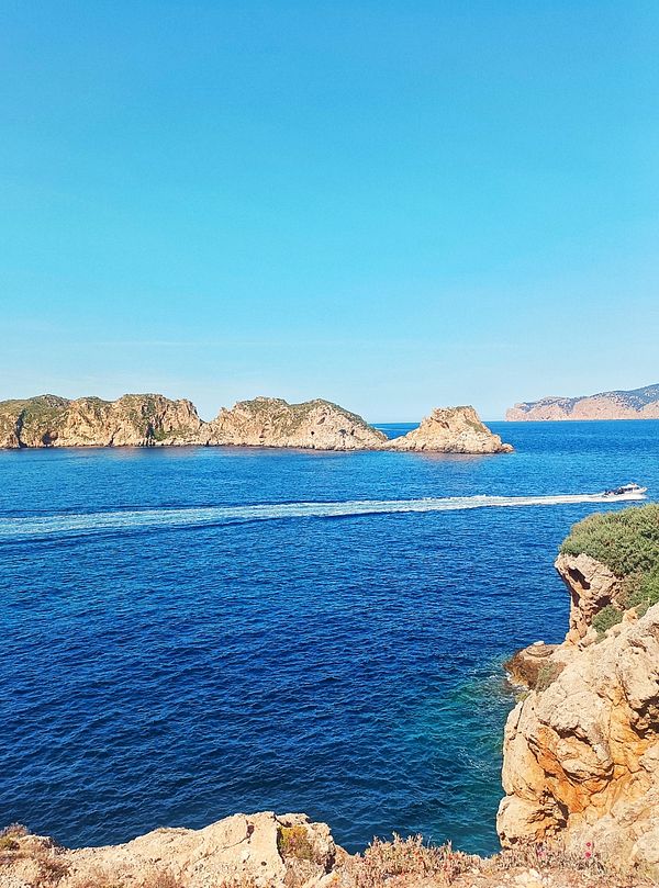 A scenic coastal view featuring rocky cliffs and a vibrant blue sea under a clear sky.
