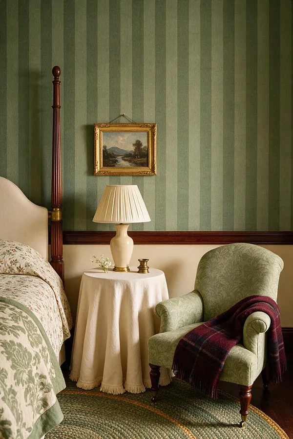A traditional bedroom vignette with green vertical striped wallpaper, a carved wood four-poster bed, and floral bedding. A cream-covered round side table with a ceramic lamp sits beside a pale green upholstered armchair draped with a burgundy plaid throw.