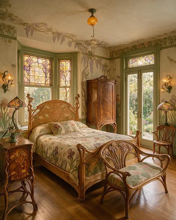 A master bedroom in Art Nouveau style with a carved wooden bed, floral bedding, and matching curved wood chair and armoire. The room features stained-glass windows, botanical wall murals, warm wood floors, and stained-glass table lamps that create a romantic, garden-inspired atmosphere.