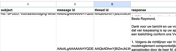 A spreadsheet displaying email data with specific columns for subject, message ID, thread ID, and response.
