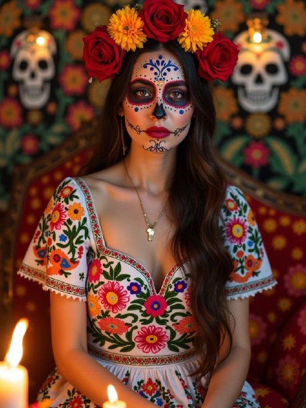 A woman adorned in traditional Day of the Dead attire poses with intricate face paint and floral decorations.