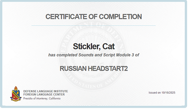 A certificate of completion for a language module.