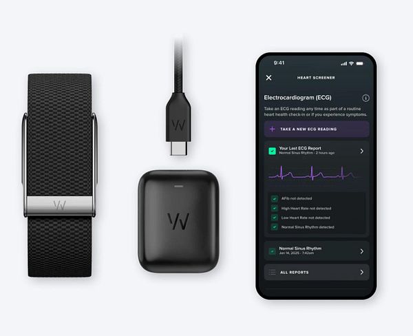 The image features a Whoop 5.0 fitness tracker, its charging case, a charging cable, and a smartphone displaying the heart screening interface.