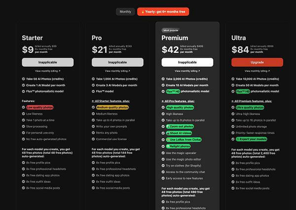 The image displays a pricing comparison table for different subscription plans on a pricing page.