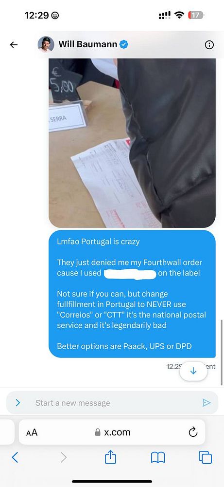 A screenshot of a conversation discussing shipping issues in Portugal.