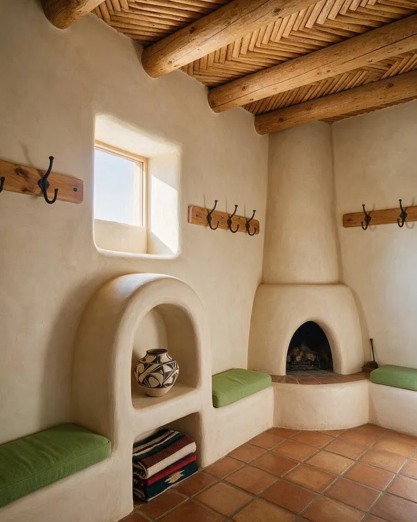A Southwestern-style closet nook with smooth adobe-like plaster walls, exposed log beams, and a woven wood ceiling. Black metal hooks are mounted on wooden rails, with built-in arched storage niches, green cushioned benches, terracotta floor tiles, and a small fireplace creating a warm rustic atmosphere.