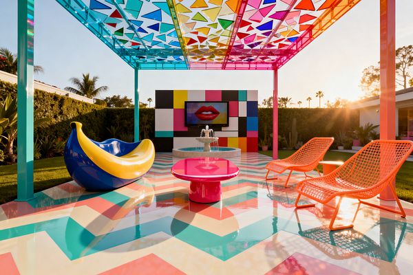 An outdoor patio sits beneath a translucent canopy of colored acrylic triangles that cast vibrant light onto a glossy chevron floor in teal, coral, cream, and pink. A sculptural blue-and-yellow banana-shaped seat, a hot-pink coffee table, and two orange mesh loungers face a color-block wall with a screen showing red lips and a round concrete fountain, framed by hedges, palm trees, and warm sunset light.