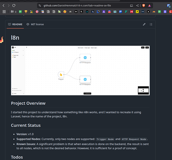The image displays a GitHub README page for a project named 'l8n' with a visual representation of its workflow.