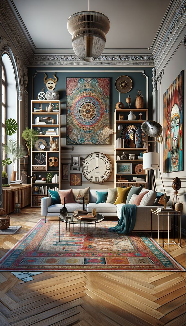 An image showcasing an eclectic living room that features a blend of modern, vintage, and cultural elements. The space should illustrate a cohesive yet diverse atmosphere with carefully selected furniture and decorative pieces.