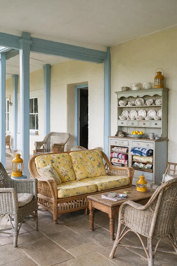 A cozy front porch styled in cottagecore design with a wicker sofa upholstered in yellow floral cushions, matching wicker chairs, and a rustic wooden coffee table. A painted hutch displays floral china and folded textiles, while pale blue beams and posts contrast with cream stucco walls and stone flooring.