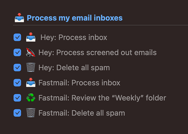 A task list for processing email inboxes ahead of a weekly review.