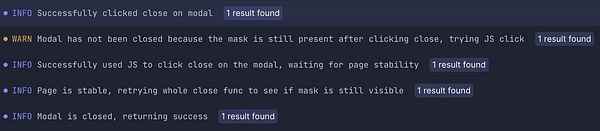 The image displays a log output related to a bug fix involving modal interactions in a web application.