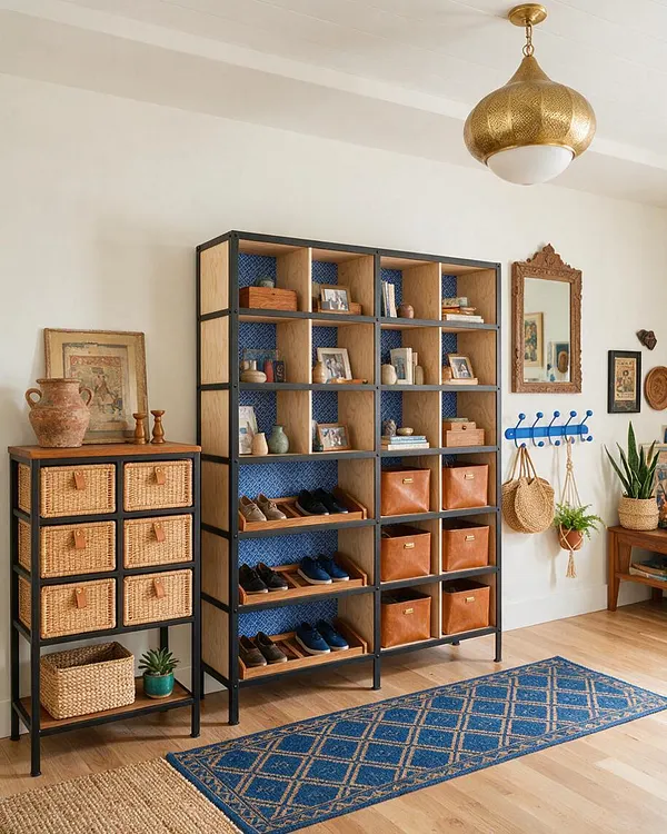 A bright eclectic mudroom with a large black-framed shelving unit filled with wood cubbies, woven baskets, leather bins, shoes, and small decor. The space also includes a blue wall rack, framed art and mirrors, a brass pendant light, a patterned blue runner, and light wood floors.