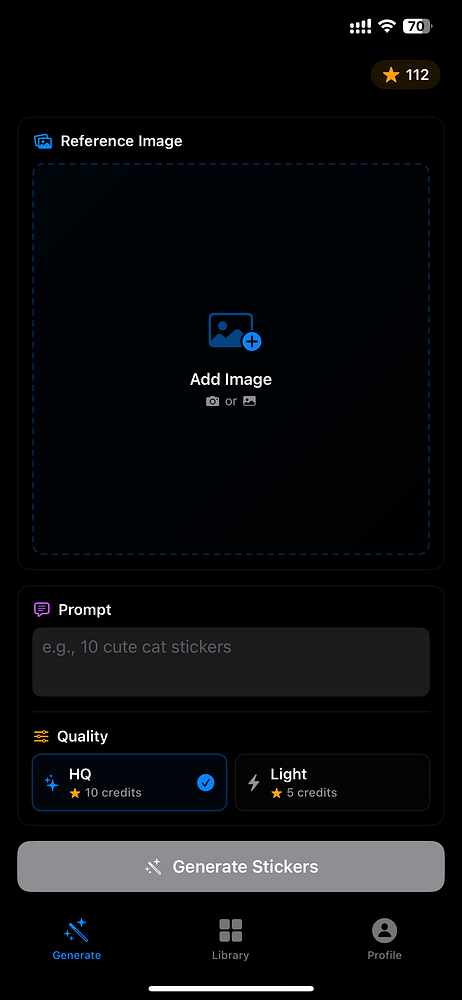 The image displays a user interface for an app designed to generate stickers.
