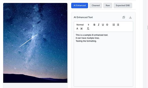 A starry night sky with a text editor interface on the right side.
