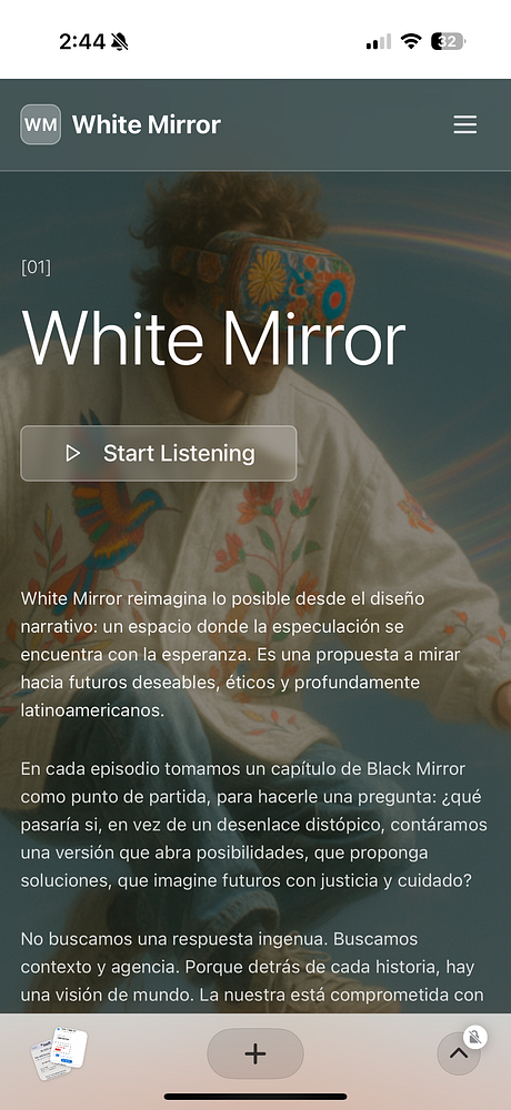 The image displays a mobile interface for the 'White Mirror' site, featuring a prominent title and a call-to-action button.