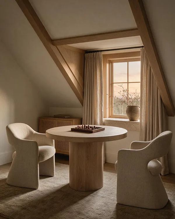 A cozy Organic Modern game room with a round pedestal table centered on a soft neutral rug, surrounded by two sculptural upholstered chairs. Natural wood ceiling beams, a cane-front cabinet, and a window with linen curtains and a ceramic vase create a calm, earthy atmosphere.