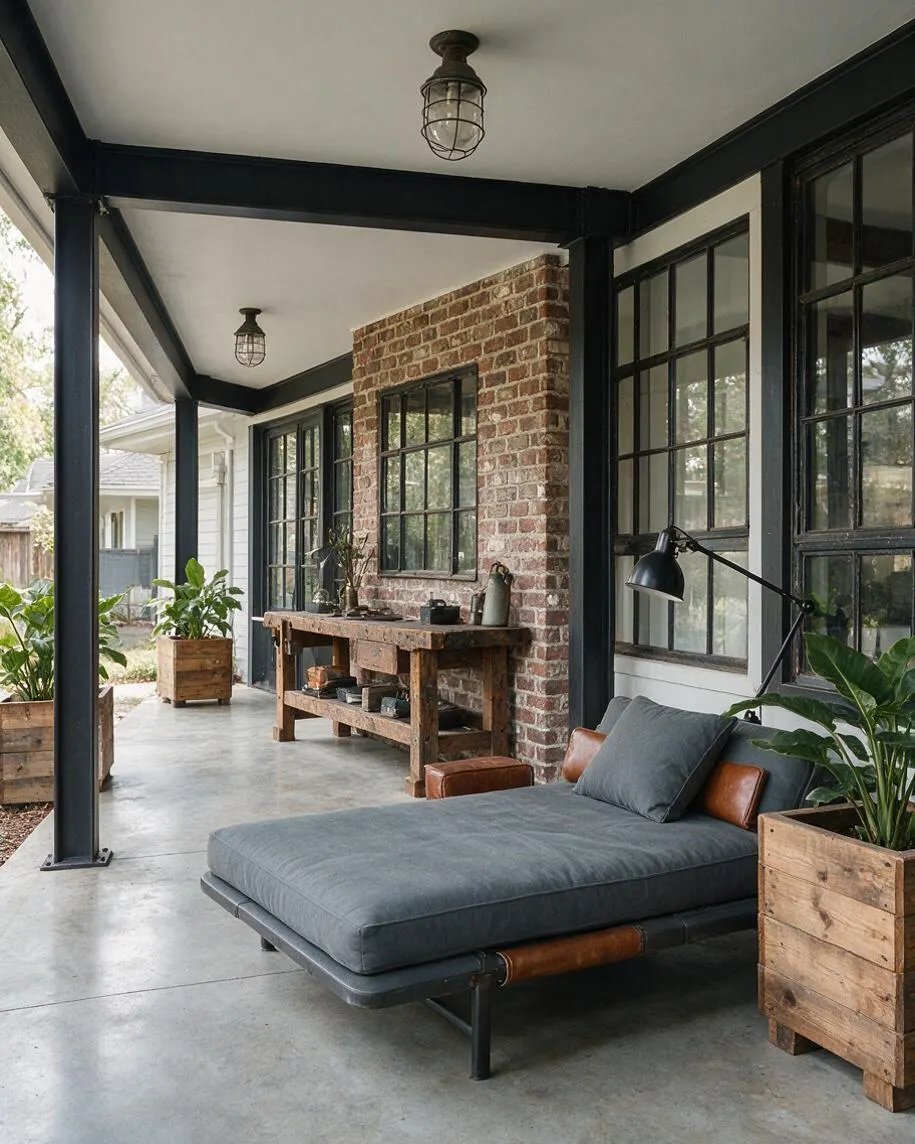 A covered front porch with black steel beams, white ceiling panels, and large black-framed windows set against a red brick accent wall. The space includes a gray cushioned daybed with leather details, rustic wood console table, industrial cage light fixtures, and wooden planter boxes with green plants.