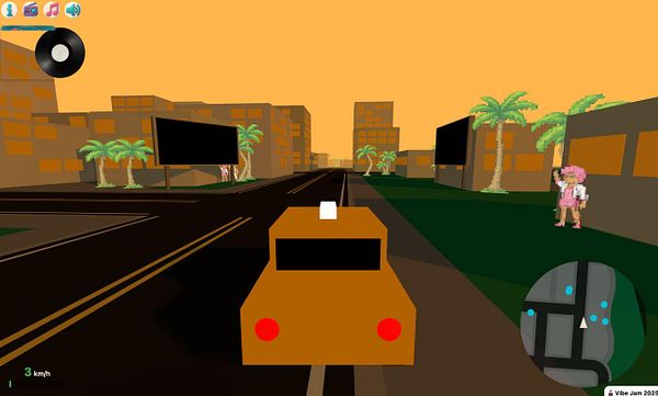 A vibrant, stylized 3D cityscape featuring a car driving down a road with palm trees and a character on the sidewalk.