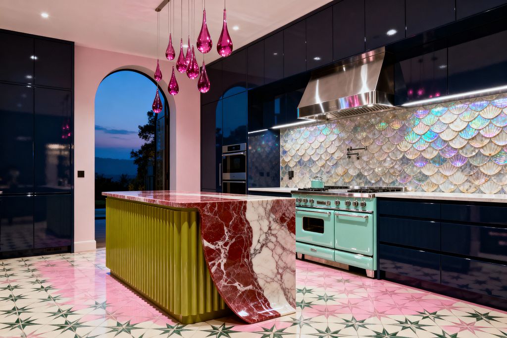 A maximalist kitchen with glossy navy cabinets and an iridescent scallop-tile backsplash. A mint green, retro-style range sits below a stainless steel hood, while a sculptural island combines a chartreuse fluted base with a red-and-white marble waterfall top. Pink walls frame a tall arched opening, and the floor shows pink-and-cream tiles with green star motifs. Magenta teardrop glass pendants and undercabinet LEDs add sparkle across reflective surfaces.