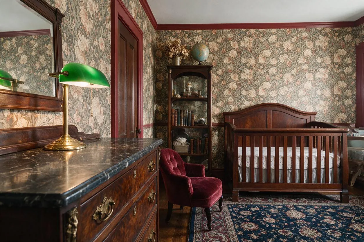 A nursery styled in dark academia features a dark wood crib, floral wallpaper, and rich burgundy trim. A vintage dresser with a green banker’s lamp, a velvet accent chair, and a patterned rug complete the moody, scholarly atmosphere.