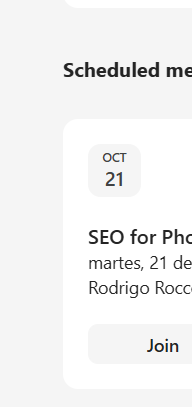 A calendar interface displaying a scheduled meeting for an SEO project.
