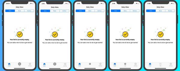 The image displays a series of mobile app screens showcasing the 'Daily Vibes' interface with an empty task list.