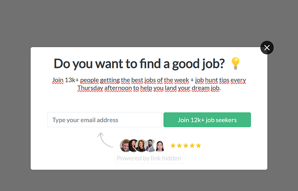 A newsletter popup form inviting users to join a job-seeking community.