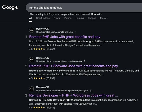The image displays a Google search results page for remote PHP jobs.
