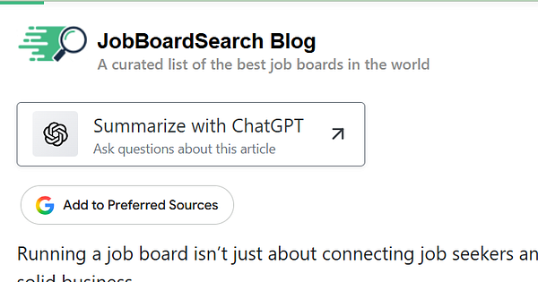 Website interface displaying a blog post titled 'Can You Garage Your Job Search?' with a sidebar highlighting a 'Preferred Sources' section.