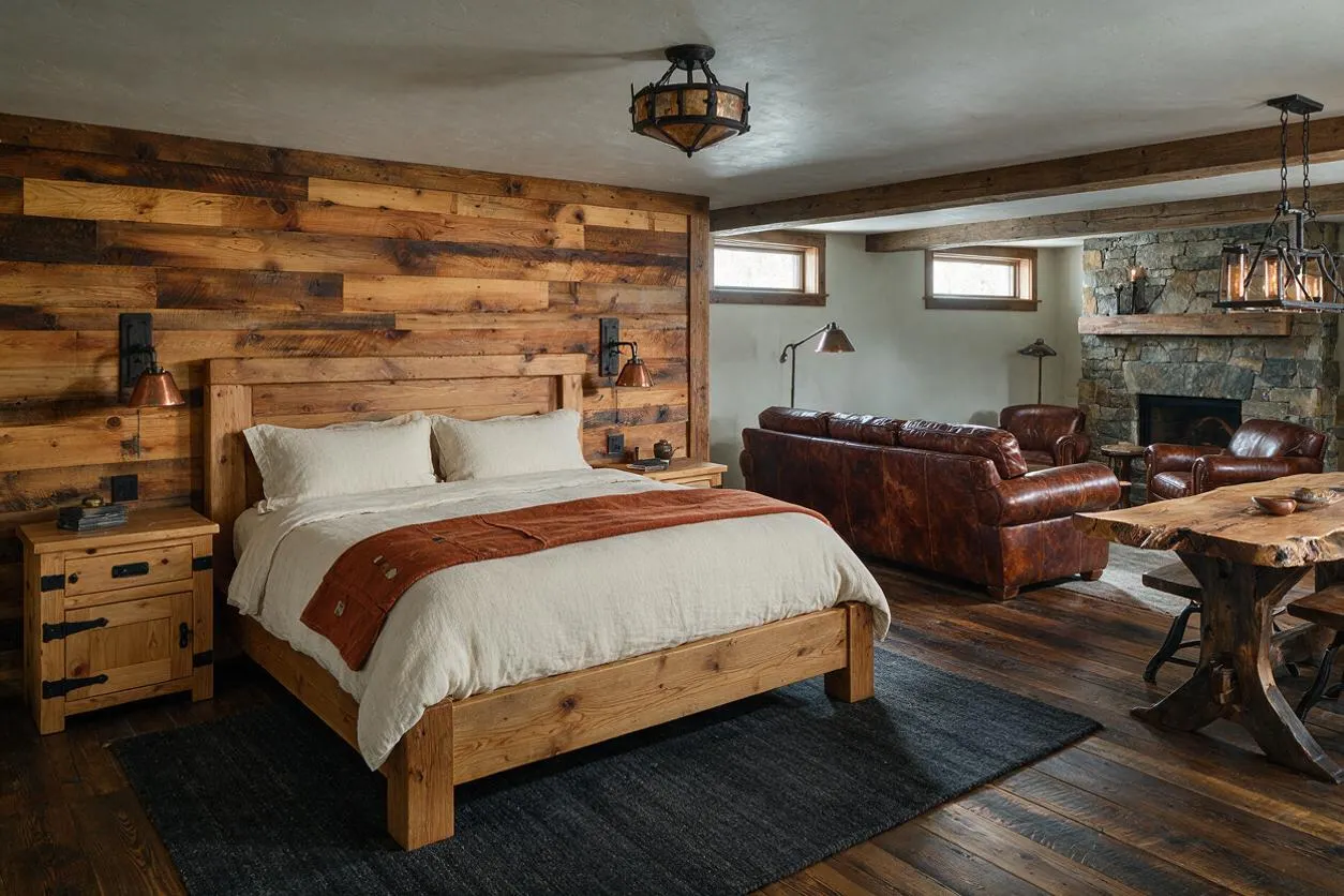 A rustic basement combines a cozy bedroom and lounge area. The room features a wood plank accent wall behind a wooden bed, leather seating around a stone fireplace, exposed beams, and a live-edge wood table under warm lantern-style lighting.