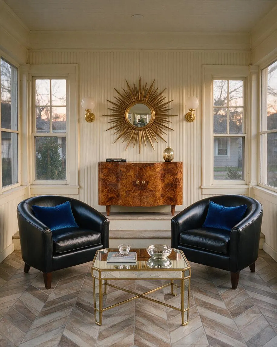 A bright enclosed front porch styled like an Art Deco sitting room, with two black leather barrel chairs facing a small glass-and-brass coffee table. A burl wood cabinet, sunburst mirror, and brass wall sconces anchor the back wall, while large windows, pale vertical paneling, and a herringbone tile floor create a refined vintage atmosphere.