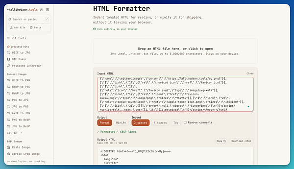 Screenshot of an HTML formatter tool interface showing raw HTML input and formatting options.