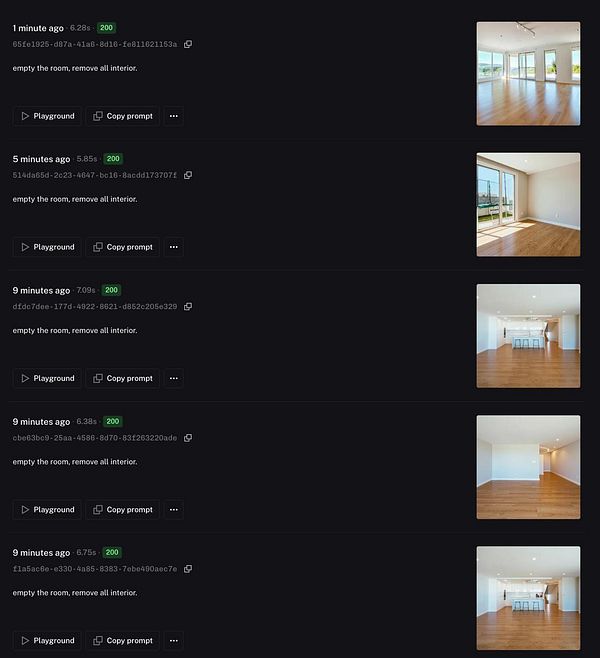 A user interface displaying a list of tasks related to generating images of empty rooms.