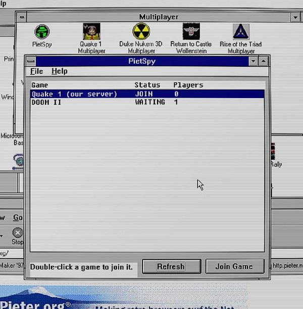 Screenshot of a Windows 3.11 desktop with a CMD window running 'games.exe' showing a chat and game listing interface.