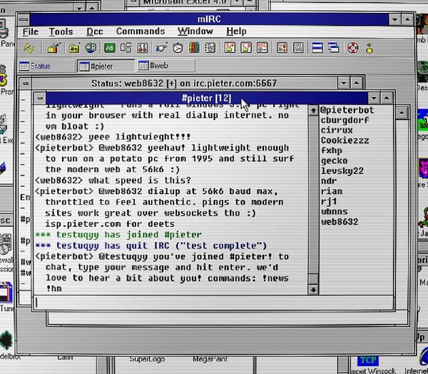 Screenshot of a terminal window displaying an IRC client connected to irc.pieter.com with a chat log and channel list.