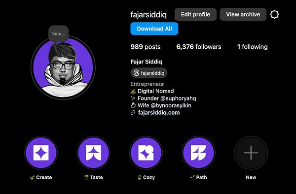 The image displays an Instagram profile for Fajar Siddiq, showcasing his posts, followers, and highlights.