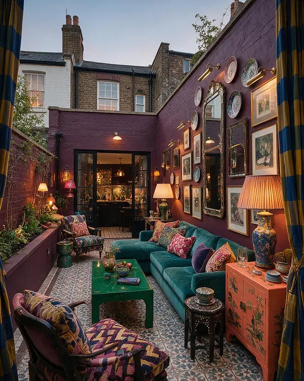 A narrow backyard courtyard styled as an outdoor living room, with deep purple painted walls, patterned tile flooring, a teal sectional sofa, and colorful upholstered accent chairs. The walls are covered with framed artwork, decorative plates, brass picture lights, and vintage-style lamps, creating a richly layered maximalist look.