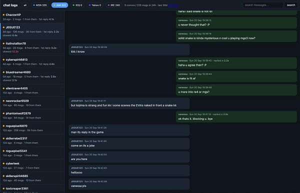 User interface of a chat log viewer displaying multiple AI chatbot conversations with details about message counts and response times.