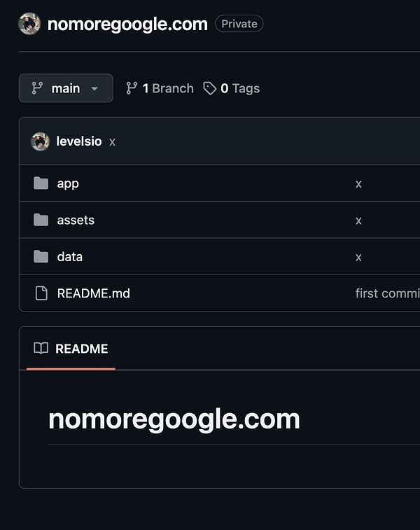 The image displays a GitHub repository interface for the project 'nomoregoogle.com'.