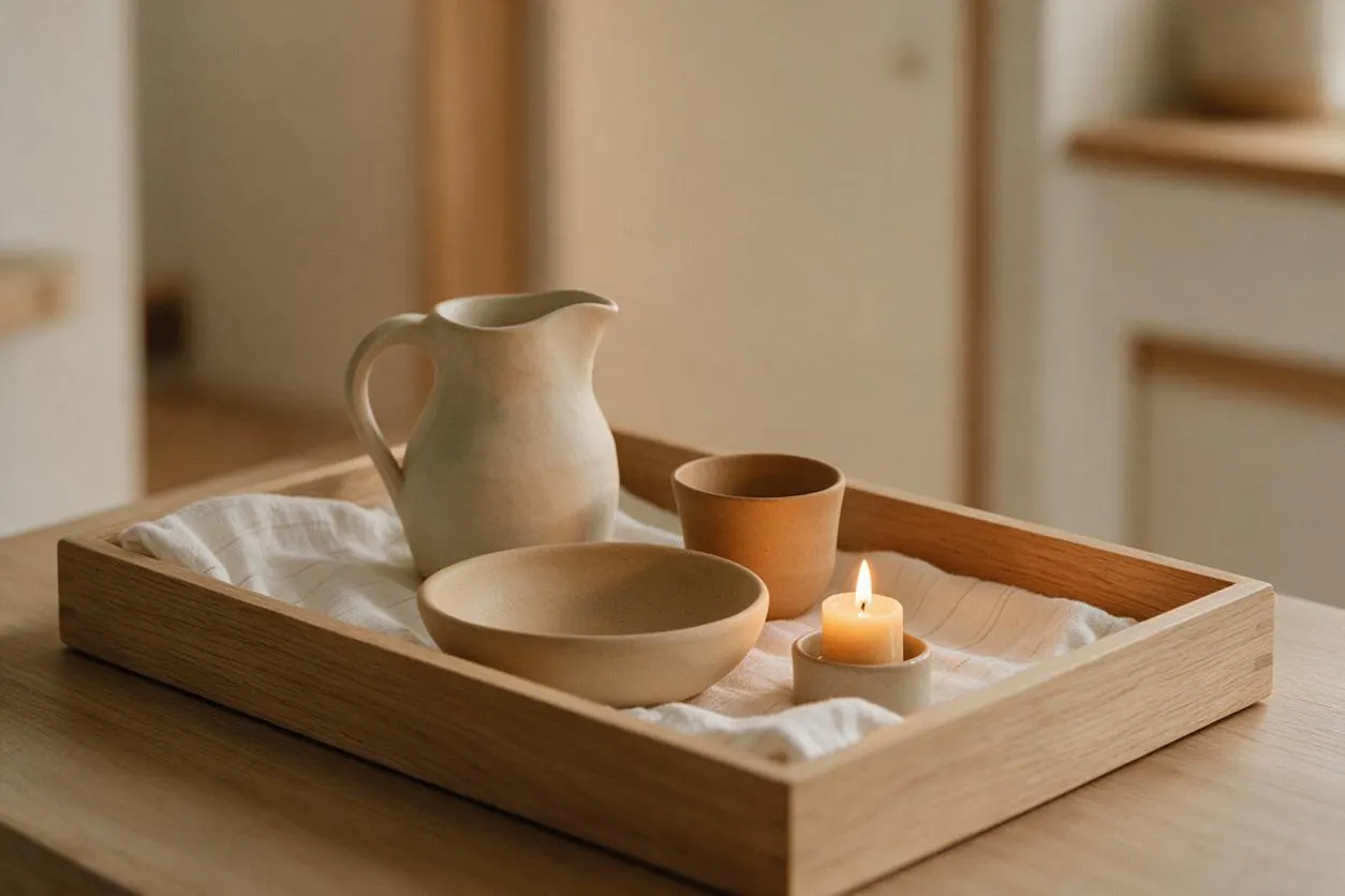 A Scandinavian-style wooden tray sits on a table, lined with a soft white cloth and styled with neutral ceramic vessels, including a pitcher, bowl, and small cup. A lit candle adds a warm glow, creating a calm, minimalist tabletop vignette.