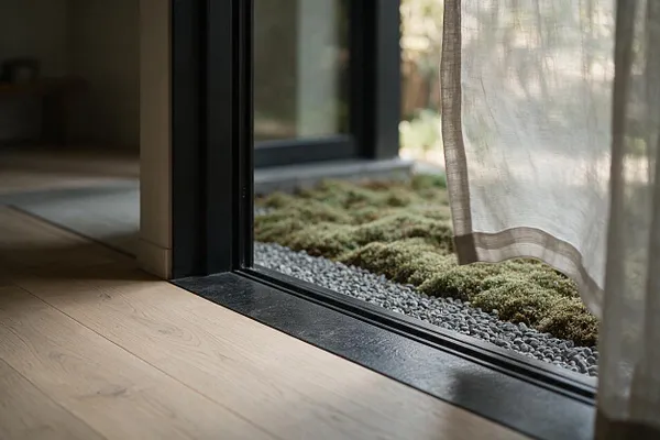 A minimalist Japandi-style interior opens to an outdoor garden through a black-framed sliding glass door. Light oak flooring meets a dark threshold, while pebbles, moss, and a sheer linen curtain create a calm, natural transition to the exterior.