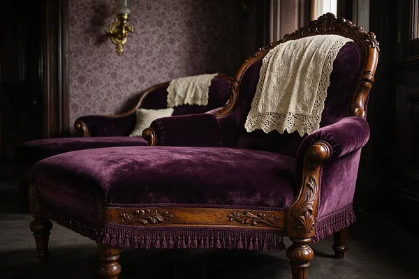 A Victorian-style chaise lounge upholstered in deep purple velvet sits in a dark, richly decorated room. The chair features ornate carved wooden arms and frame, fringed trim along the base, and a cream lace throw draped over the back.