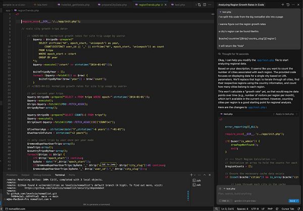 The image displays a code editor interface showing PHP code for analyzing region growth trends.
