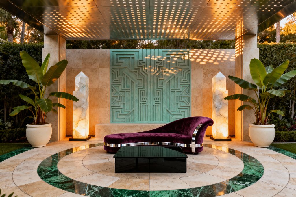 A symmetrical outdoor seating area with a plum velvet chaise lounge and low black glass coffee table sits on a circular floor of travertine and emerald marble. Behind, a mint green Art Deco relief panel is set into beige stone, flanked by two tall glowing alabaster obelisk lights and large banana plants in cream urns. An overhead perforated metal canopy casts dotted sunlight across the scene.