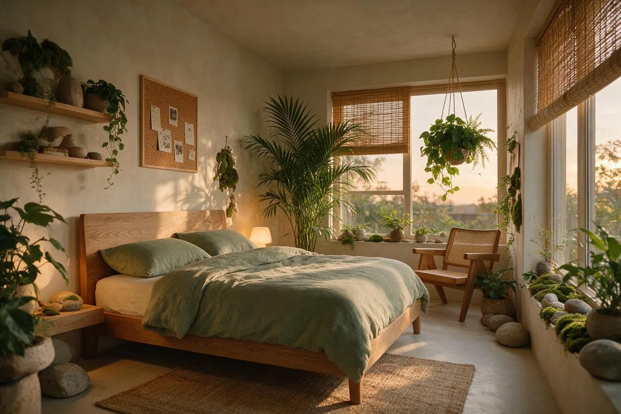 A serene master bedroom filled with natural light, featuring a low wooden bed with soft green bedding, woven window shades, hanging and potted plants, and stone accents along the floor and windowsill. A small chair sits by the window, creating a calm biophilic retreat.