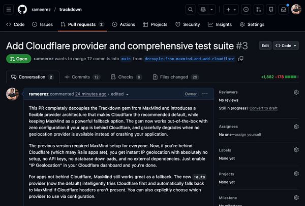 Flowchart illustrating the architecture and data flow of the trackdown gem with Maxmind and Cloudflare integrations.
