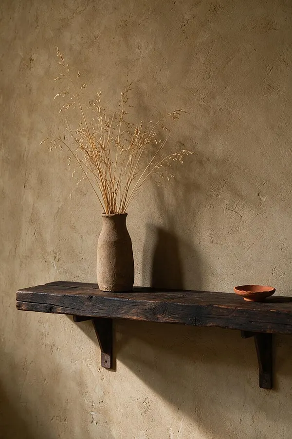 A minimalist Wabi-Sabi vignette with a rough plaster wall, a dark reclaimed wood shelf, a tall handmade clay vase filled with dried grasses, and a small terracotta bowl. Warm natural light casts soft shadows, emphasizing the weathered textures and earthy tones.