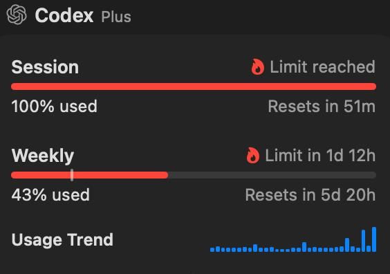 Screenshot of an OpenAI Codex interface showing a message about the 5-hour rate limit reached twice in one day.